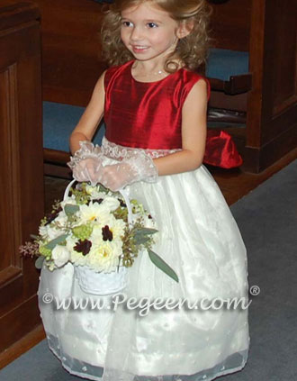 Sequined embroidered organza and red claret silk flower girl dress