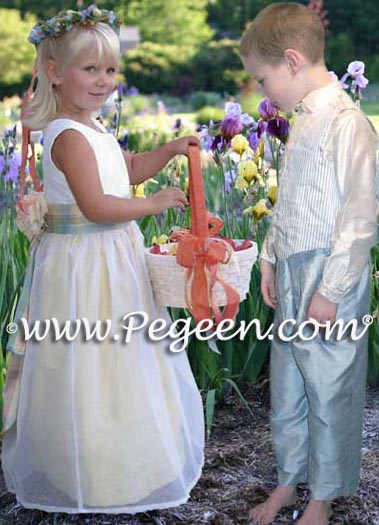 Yellow and white silk flower girl dress style 313 with blue ring bearer suit
