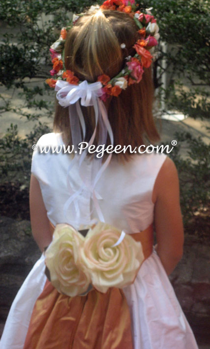 Grapefruit and Antique White Silk Flower Girl Dresses with hand made, hand rolled 100% silk flowers. Pegeen Classic Style 383