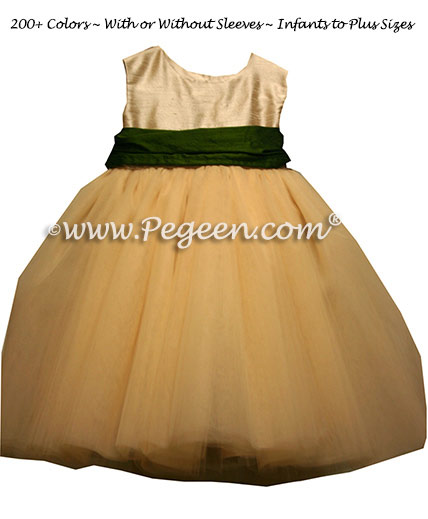 Flower Girl Dresses in Multi Colored Silk Sashes and Champagne Tulle