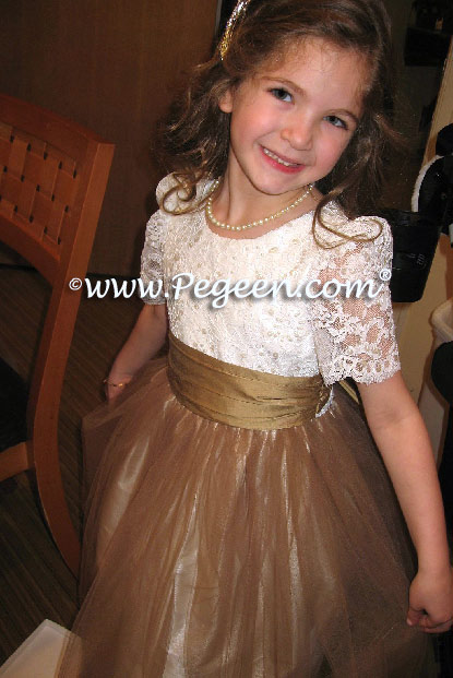 Sesame (Light Bronze) And New Ivory Aloncon Lace Custom Flower Girl Dresses With Tulle