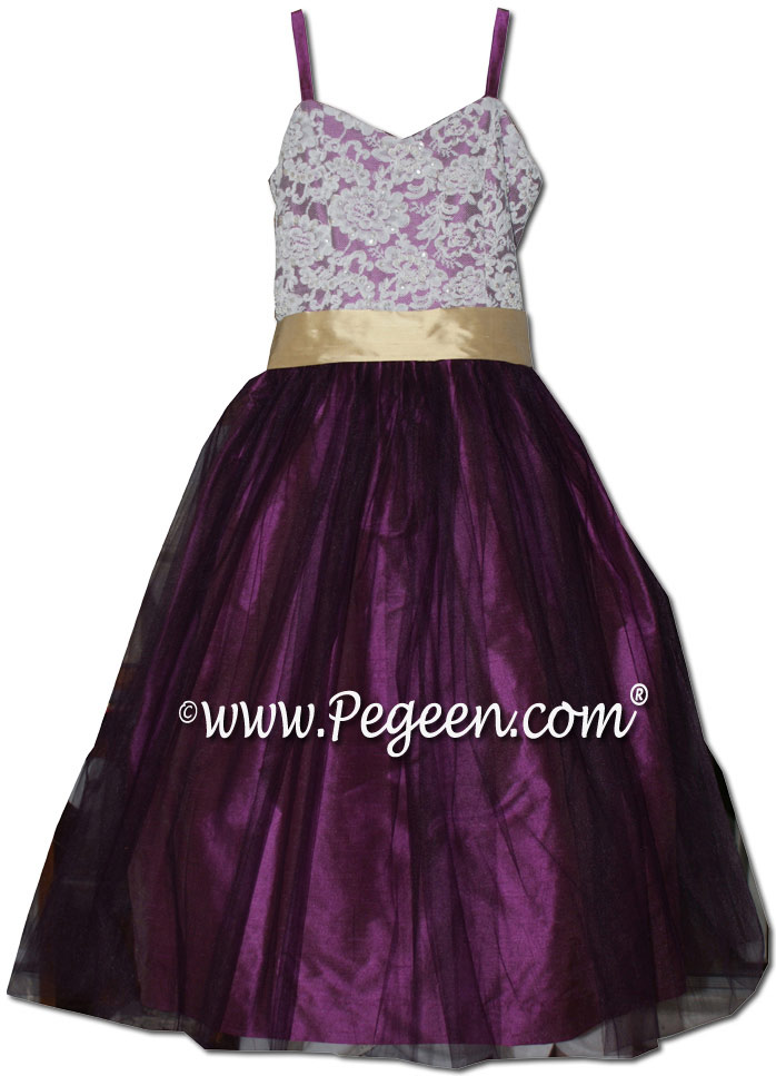 Purple thistle and pure gold tulle silk flower girl dresses degas style ballerina tulle dress