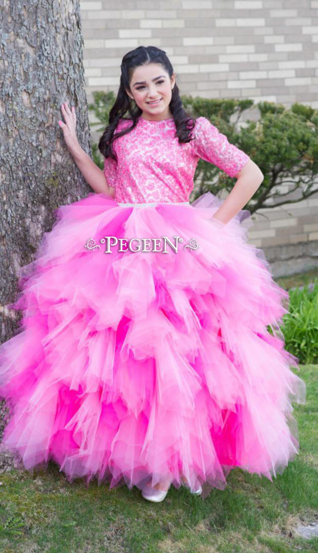 Shock, Raspberry (Fuchsia) and Bubblegum Pink Handkerchief Tulle Skirt with Sequin top Style 933