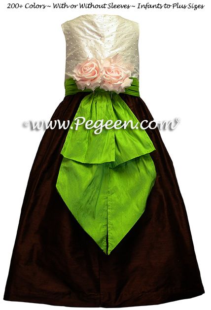 Flower Girl Dress Style 355 shown in Chocolate and Apple Green - one of 200+ colors