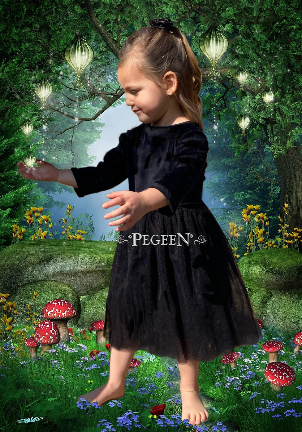 Velvet flower girl dress with 3/4 sleeves, unlined mesh tulle skirt and matching shorts.