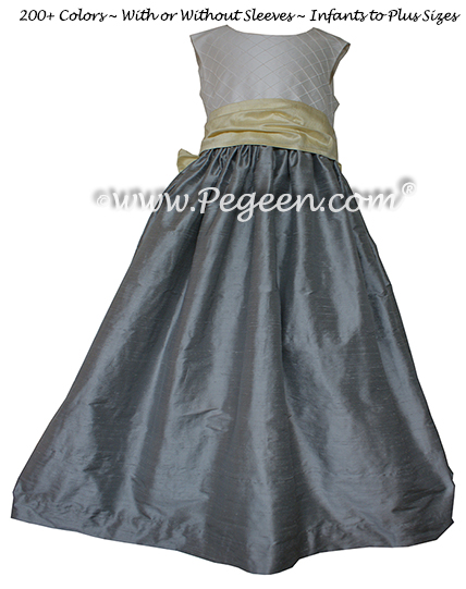 Style 357 flower girl dress with trellis in yellow and gray silk