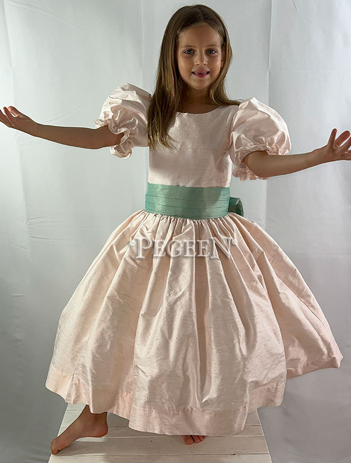 Champagne Pink and Seaside Green silk Nutcracker Dress for Clara