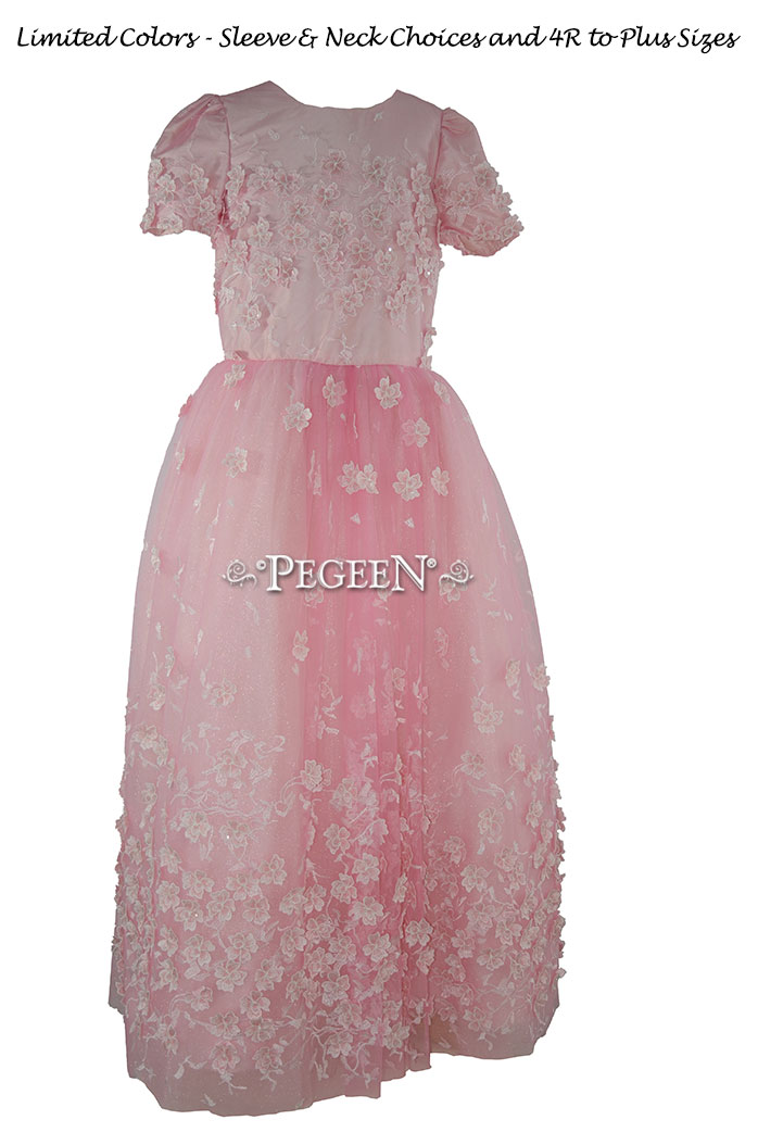 Pink Floral 3-D Embroidered formal Jr Bridesmaids Dress