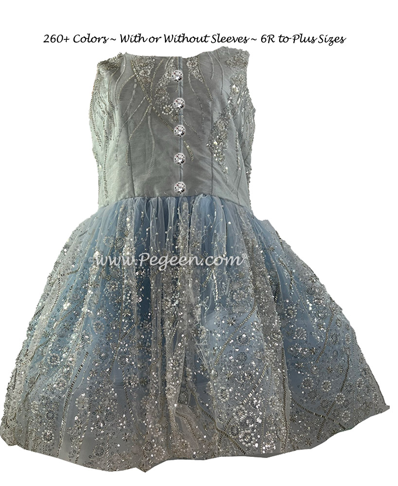 Silver sequin, glitter tulle, ice blue dress for Quincinera