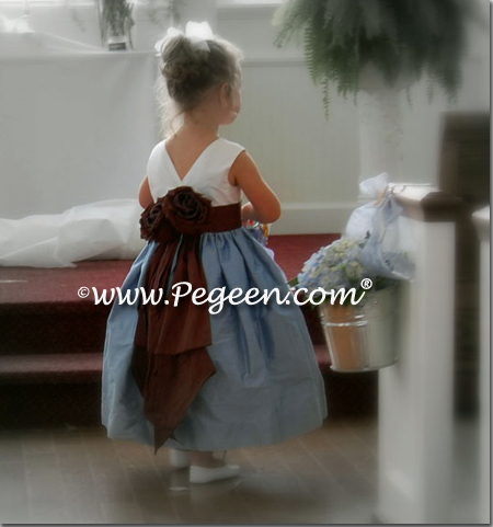 Flower girl dress in brown chcoolate and french blue silk