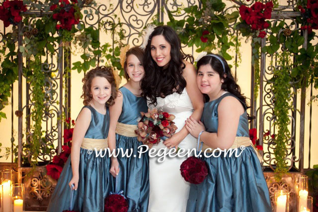 Blue and yellow silk flower girl dresses