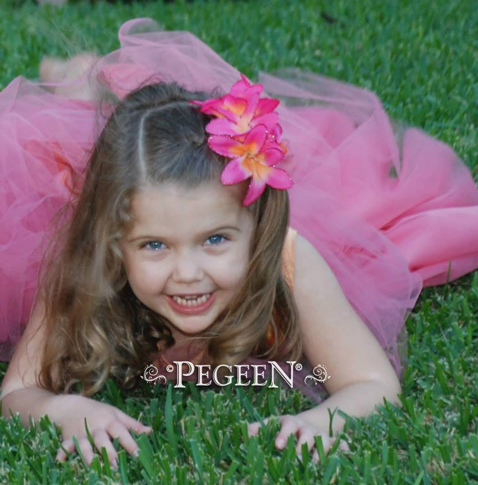 Coral flower girl dress with tulle and silk, Pegeen Couture Style 402
