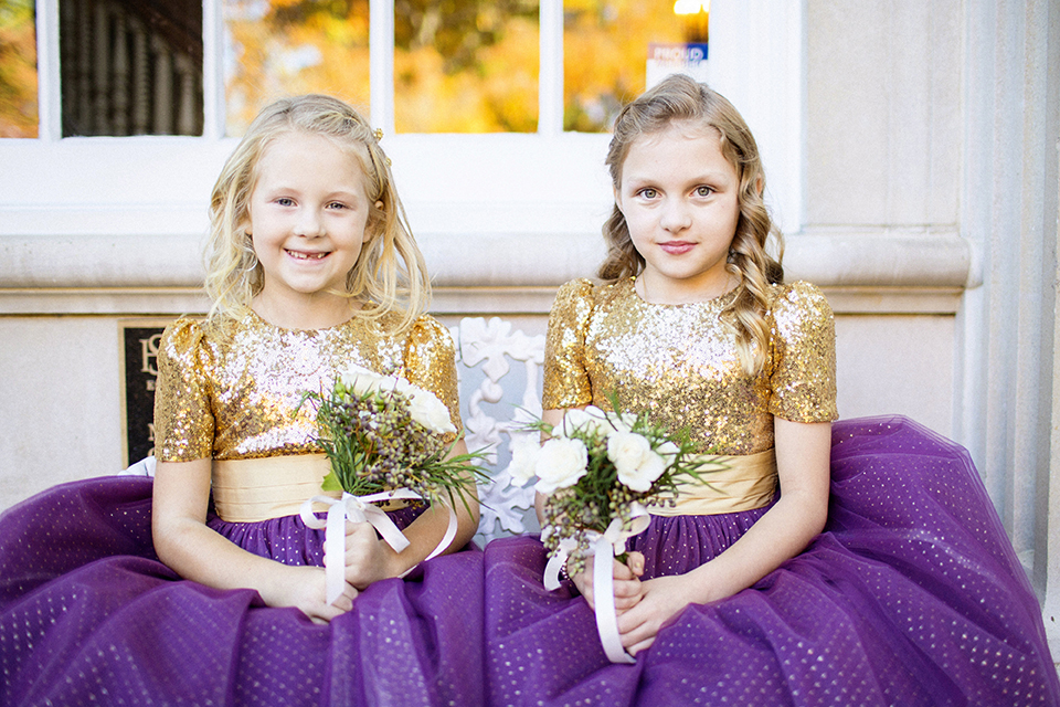 Plum and gold sequined, tulle flower girl dresses