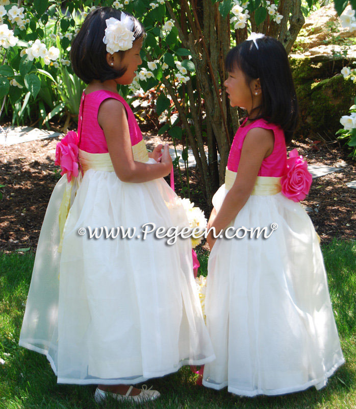 Hot pink and yellow silk and organza flower girl dress