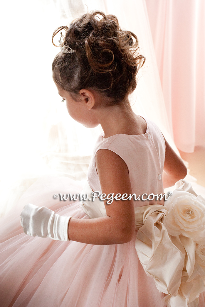 Silk Flower Girl Dresses in Ballet Pink Silk with Signature Bustle 