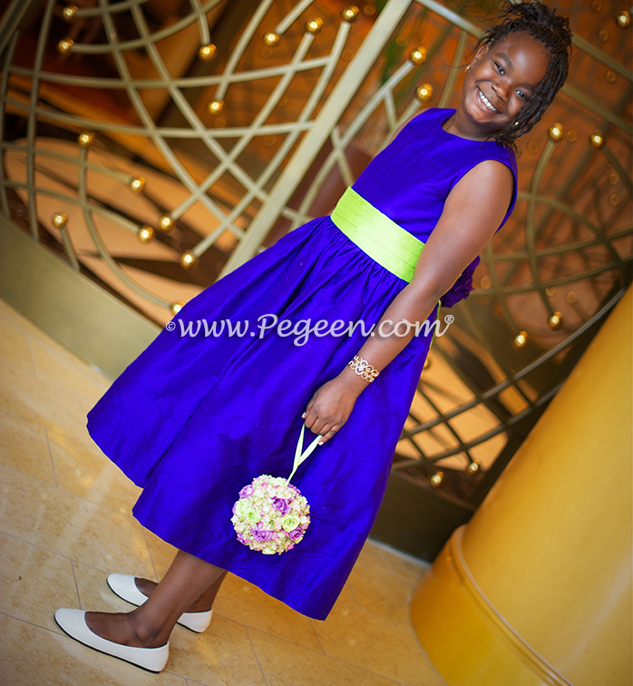 Keylime green and royal purple silk flower girl dress