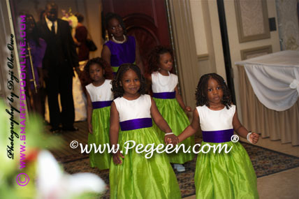 Royal purple and apple green flower girl dresses Style 383