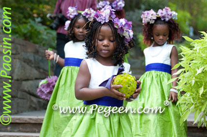 royal purple orange and apple green flower girl dresses