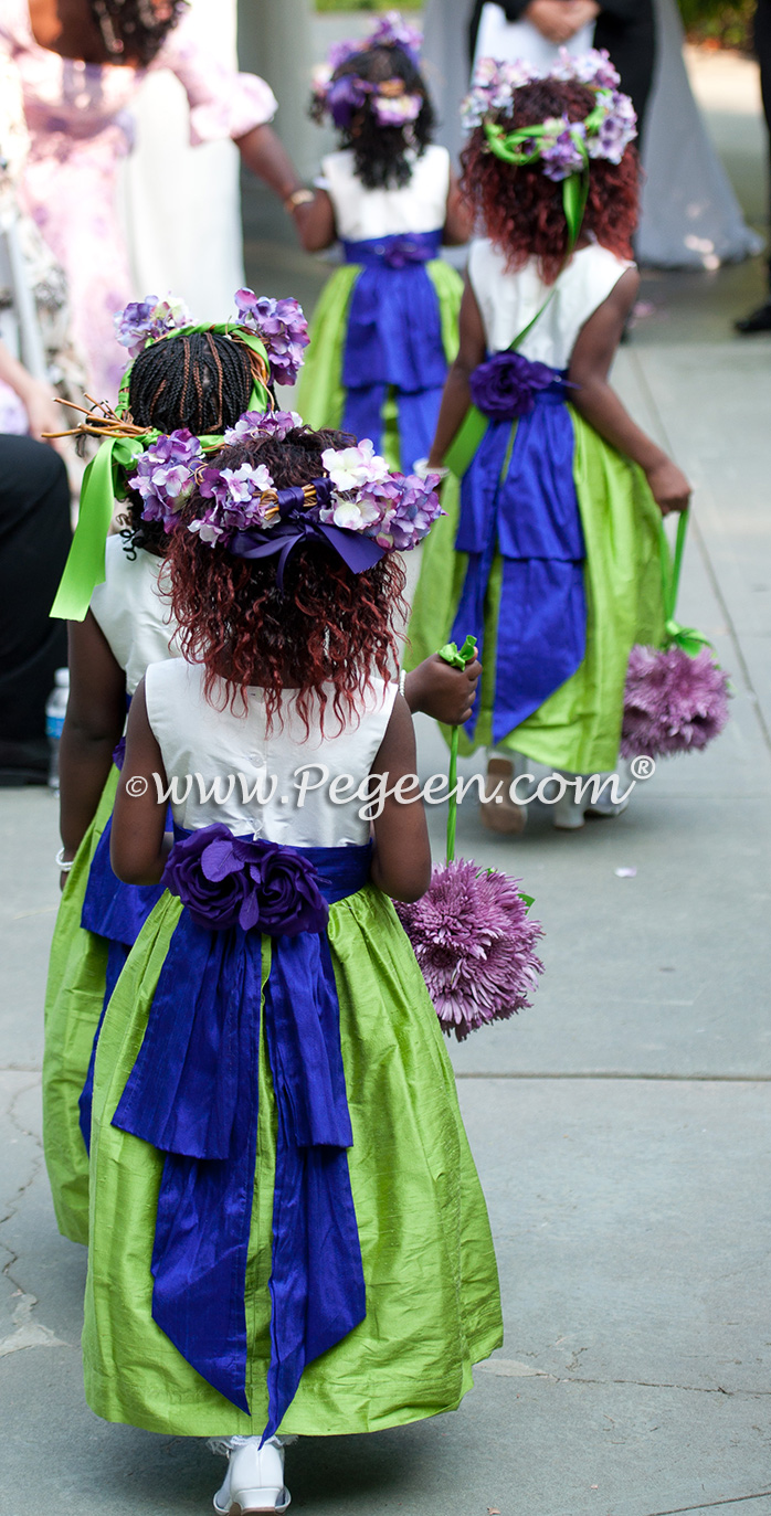 Purple and Green silk flower girl dresses