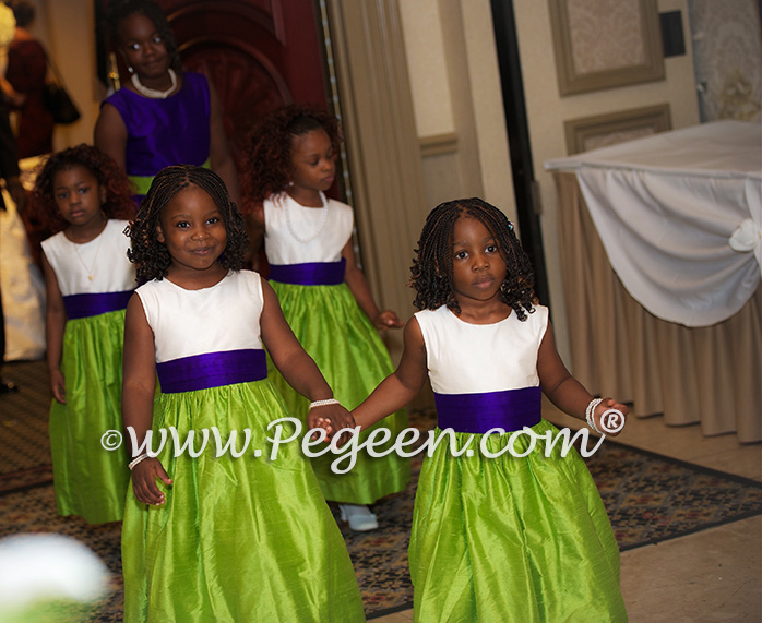 Purple and Green silk flower girl dresses