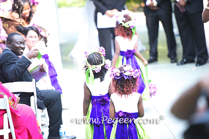 Purple and Green silk flower girl dresses