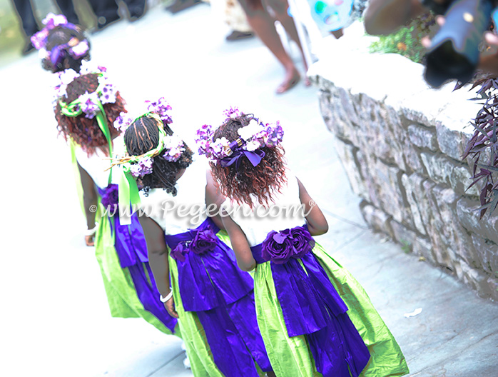 Purple and Green silk flower girl dresses