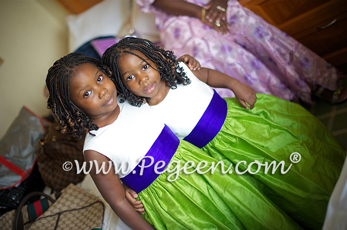 Purple and Green silk flower girl dresses