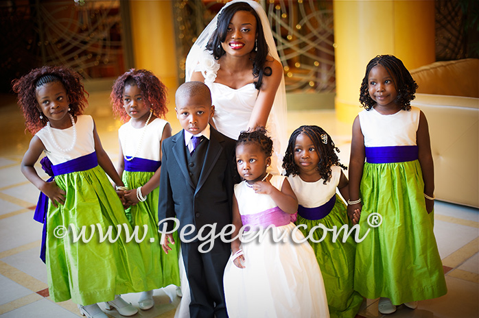 Purple and Green silk flower girl dresses