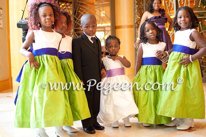 Purple and Green silk flower girl dresses