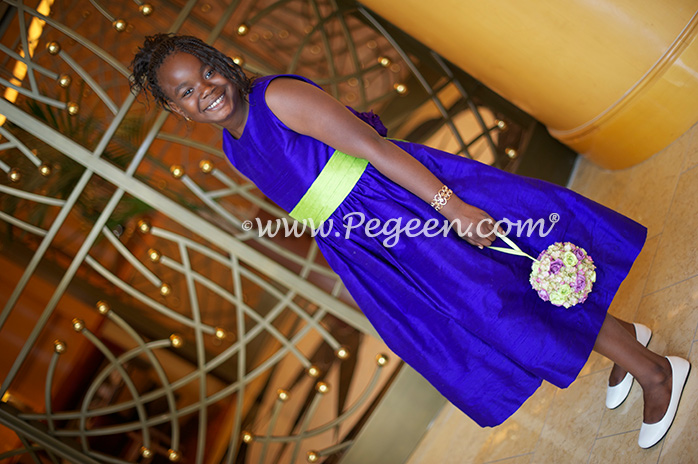 Purple and Green silk flower girl dresses