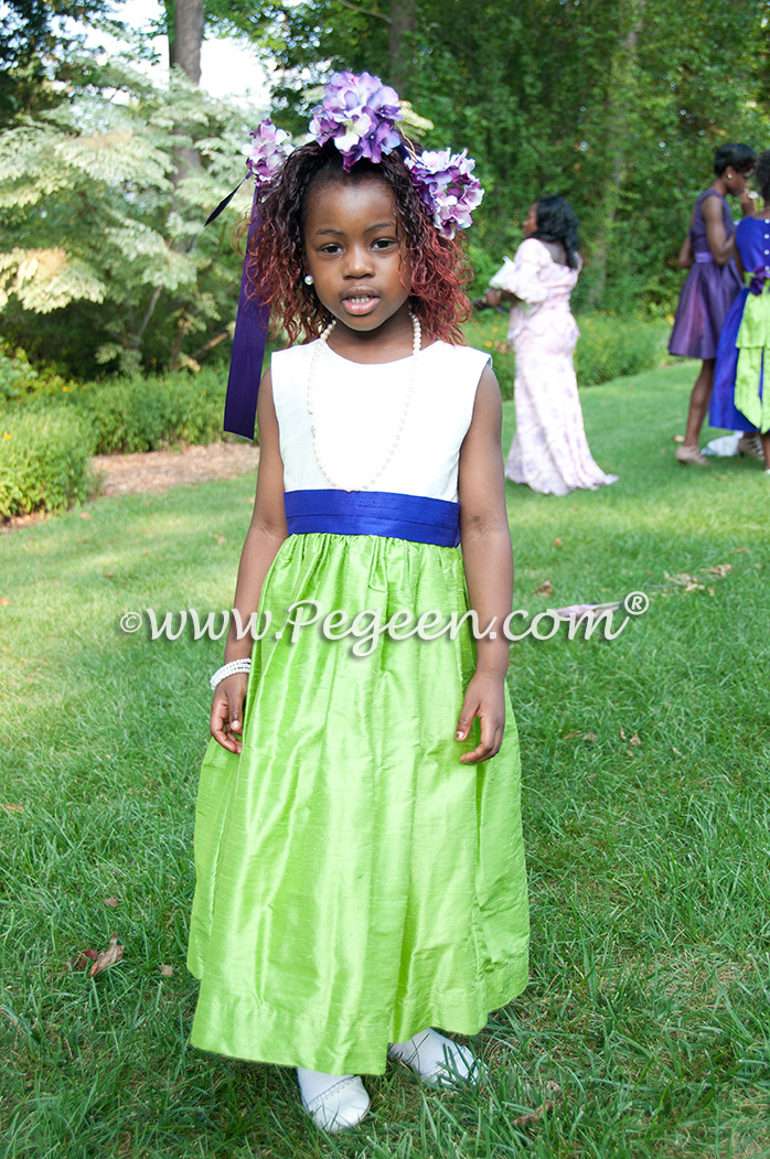 Purple and Green silk flower girl dresses