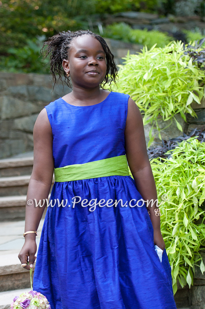 Purple and Green silk flower girl dresses