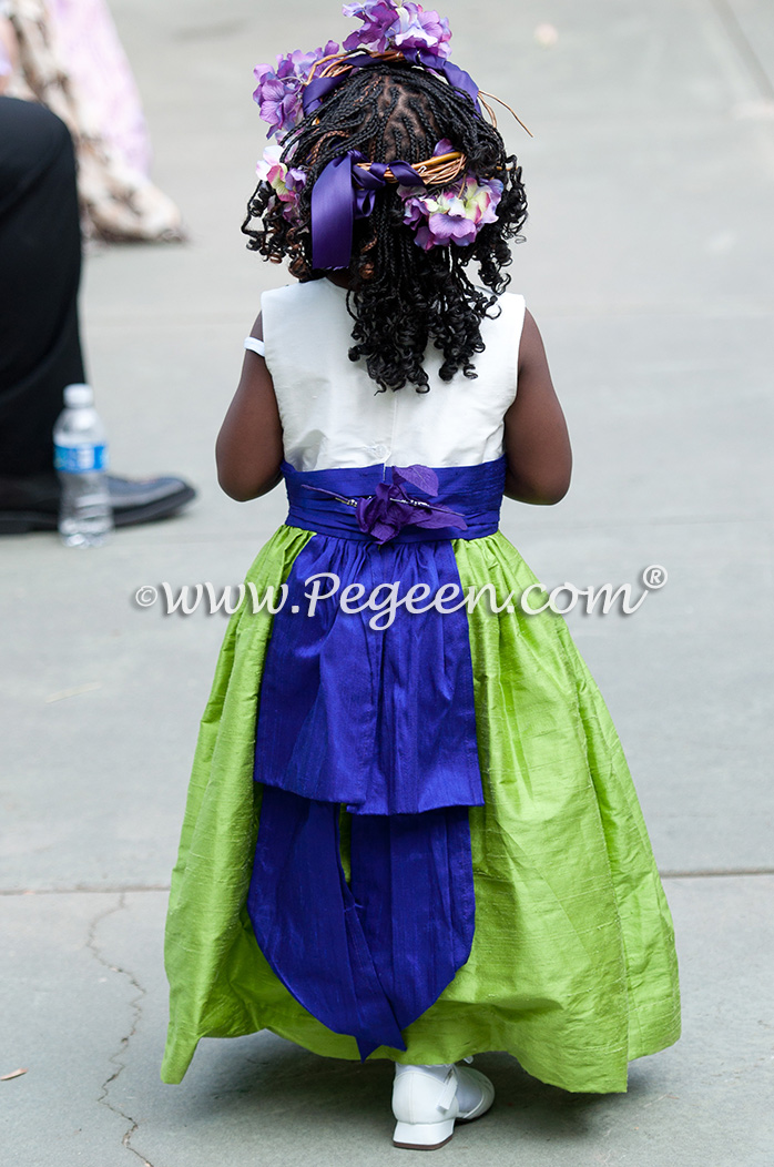 Purple and Green silk flower girl dresses