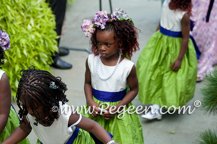 Purple and Green silk flower girl dresses