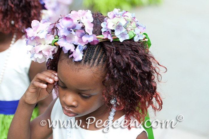 Purple and Green silk flower girl dresses