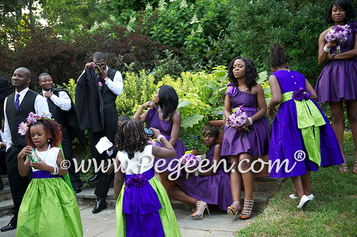 Purple and Green silk flower girl dresses