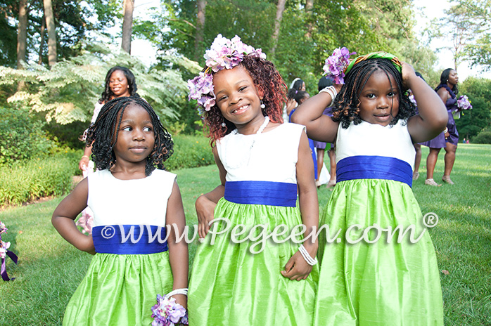 Purple and Green silk flower girl dresses