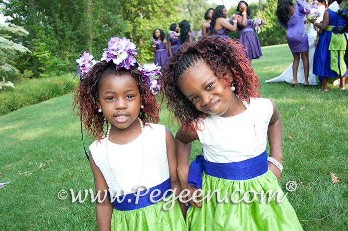 Purple and Green silk flower girl dresses