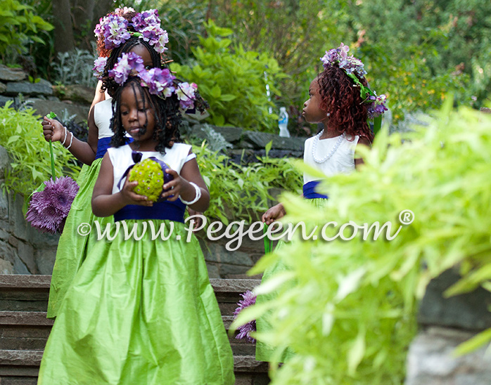 Purple and Green silk flower girl dresses