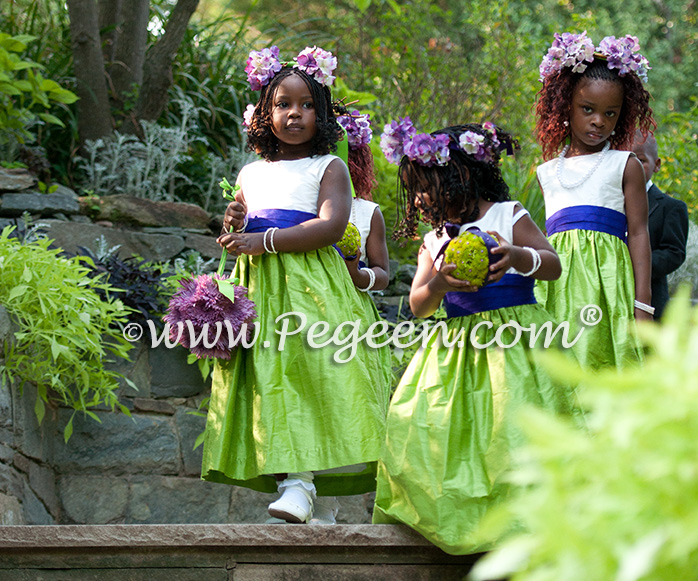 Purple and Green silk flower girl dresses