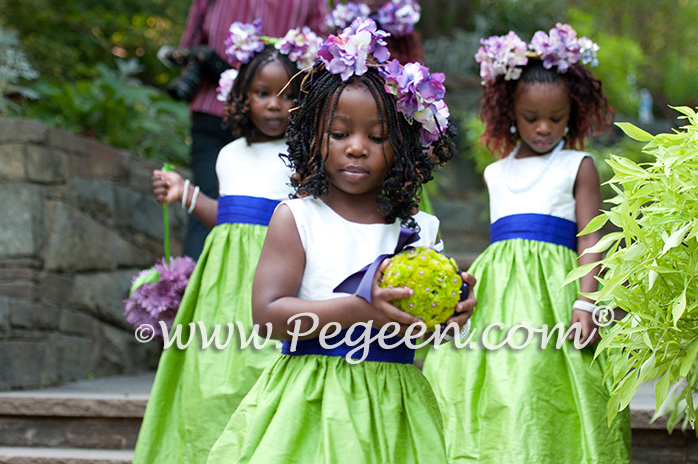 Purple and Green silk flower girl dresses