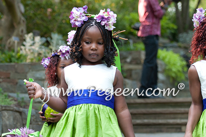 Purple and Green silk flower girl dresses