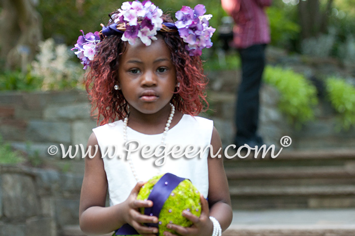 Purple and Green silk flower girl dresses