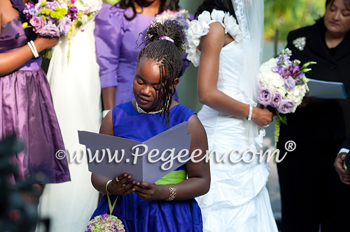 Purple and Green silk flower girl dresses