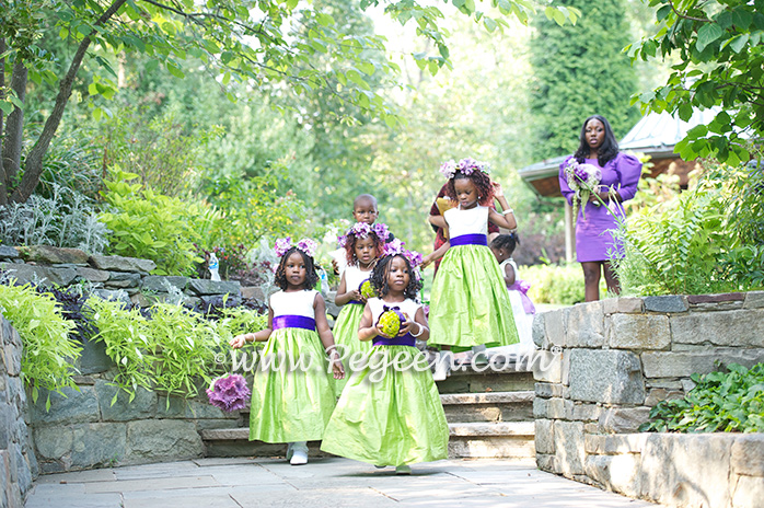 Purple and Green silk flower girl dresses