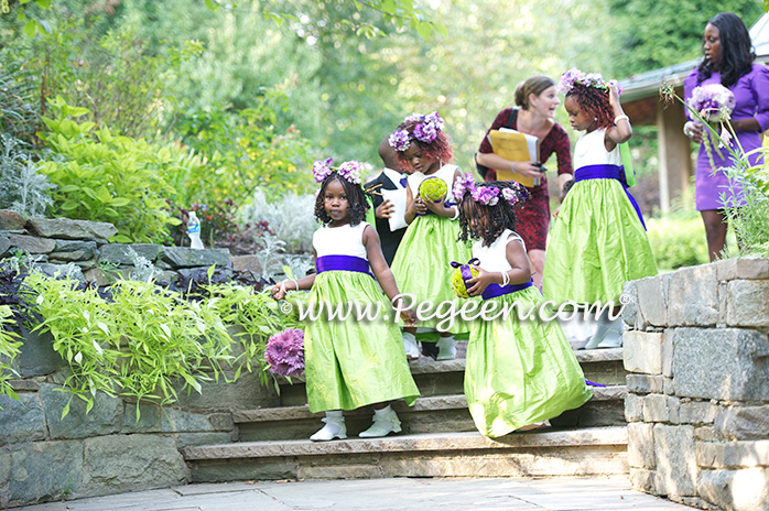 Purple and Green silk flower girl dresses