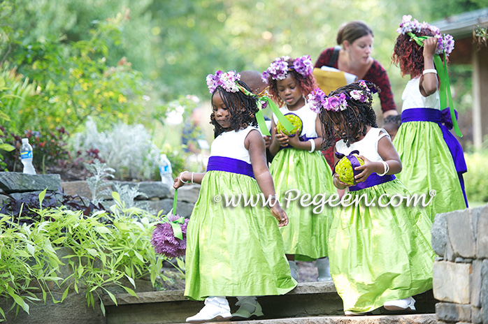 Purple and Green silk flower girl dresses