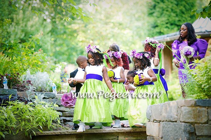 Purple and Green silk flower girl dresses