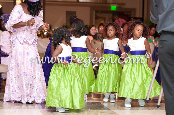 Purple and Green silk flower girl dresses