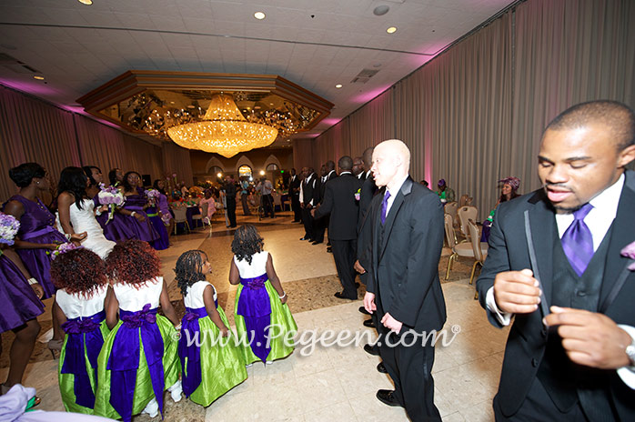 Purple and Green silk flower girl dresses